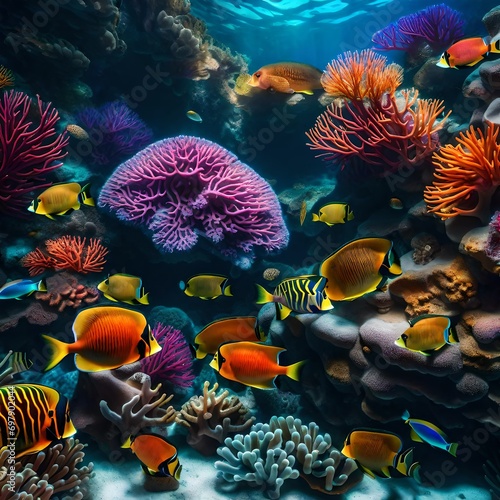 nice view of an aquarium which contains fishes and coral reefs and some stones 