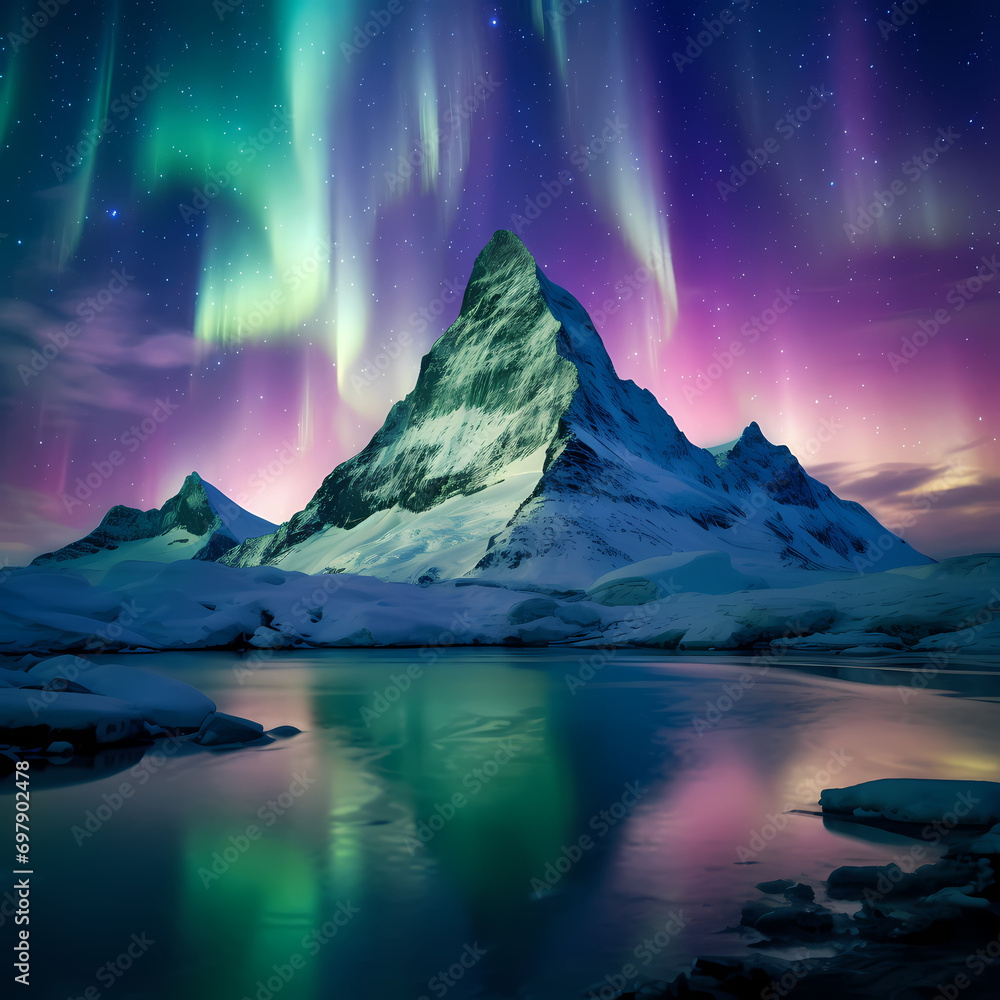 Snow-covered mountain peak under the enchanting glow of the aurora borealis.
