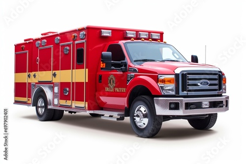 Red emergency vehicle isolated on white. Full-size American rescue truck. Generative AI