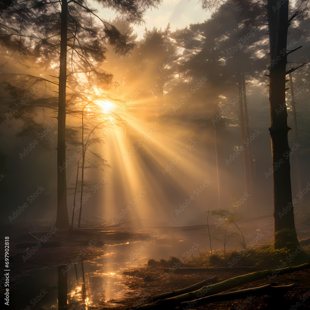 Sunbeams filtering through the mist, creating an ethereal atmosphere.