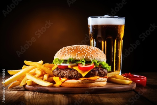 Classic Burger with Fries and Beer Combo on Wooden Table