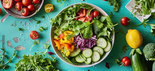 Overhead shot of a colorful salad bowl filled with various fresh vegetables on a vibrant green background. photo