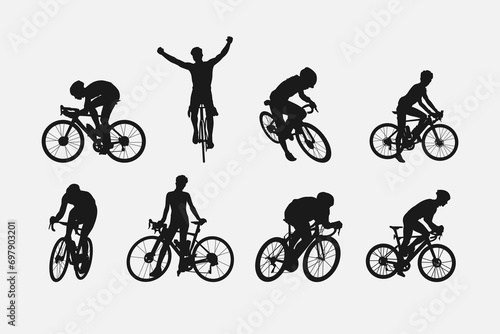 set of silhouettes of cyclist. sport, racing, vehicle, active concept. vector illustration.