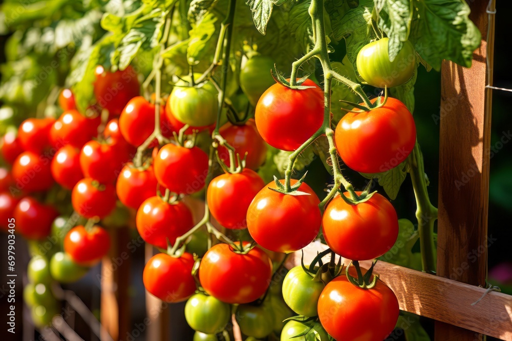 A ripe tomato plant with bright red tomatoes growing in a garden or greenhouse with sunlight.

