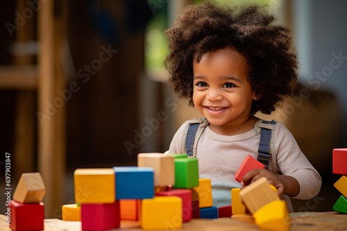 happy smiling child playing with blocks