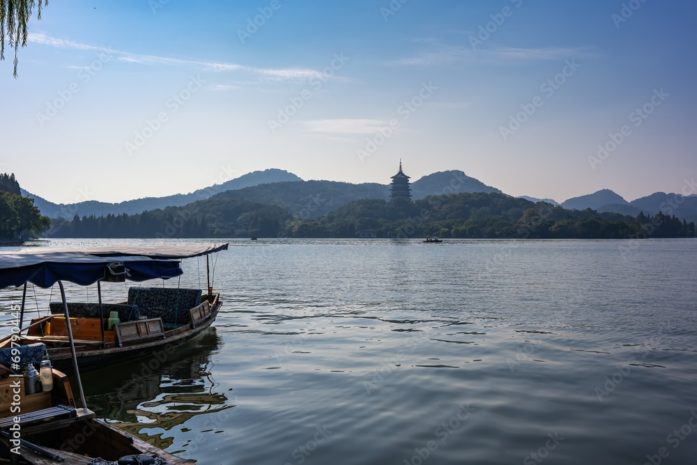 Beautiful landscape and ancient architecture of West Lake in Hangzhou, China