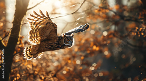 owl flying on auntum forest
