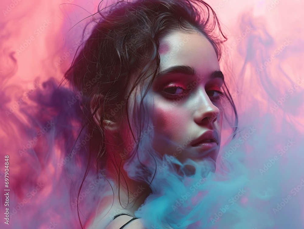 portrait of a woman in pink smoke