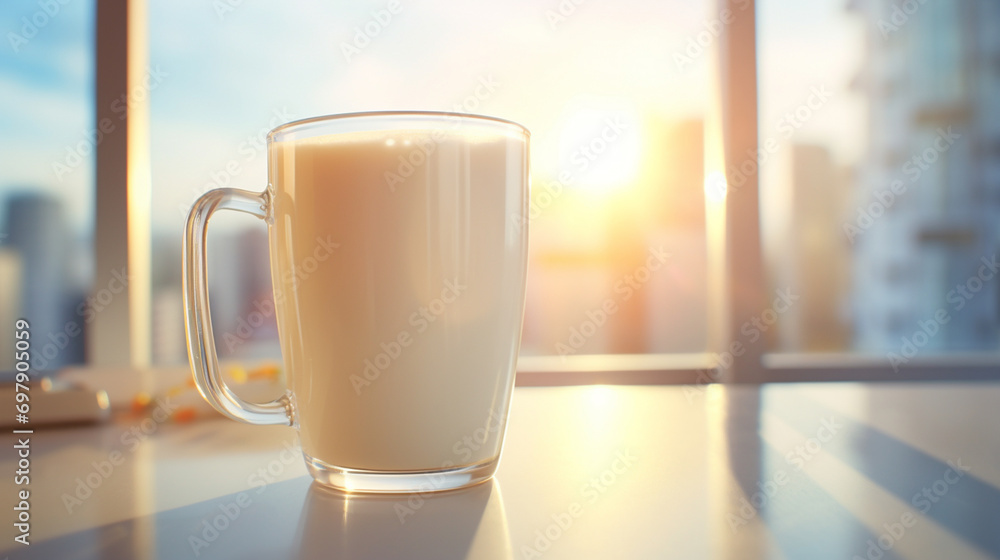 Hot milk on blur office background. Generative AI. Hot milk on blur office background. Generative AI.