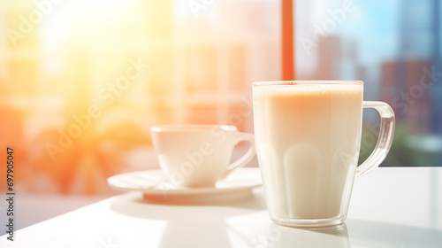 Hot milk on blur office background. Generative AI.