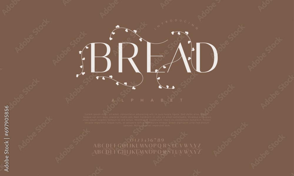 Bread premium luxury elegant alphabet letters and numbers. Elegant wedding typography classic serif font decorative vintage retro. Creative vector illustration