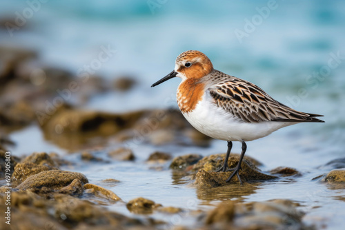 A Spoon-billed Sandpiper, a migratory shorebird, wading in shallow coastal waters