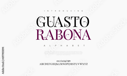 Guastorabona premium luxury elegant alphabet letters and numbers. Elegant wedding typography classic serif font decorative vintage retro. Creative vector illustration