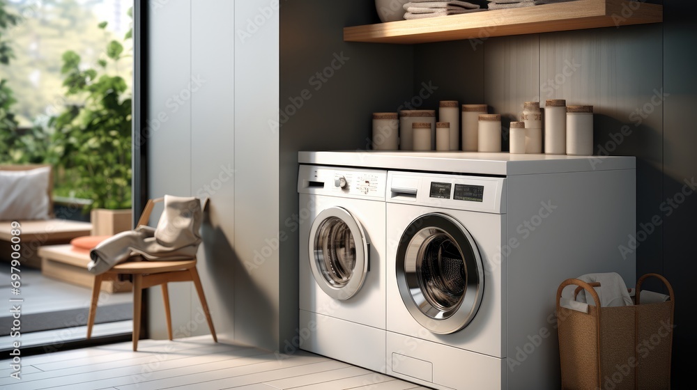 A washing machine standing tall in a modern laundry room, It's sleek design. Generative AI. A washing machine standing tall in a modern laundry room, It's sleek design. Generative AI.