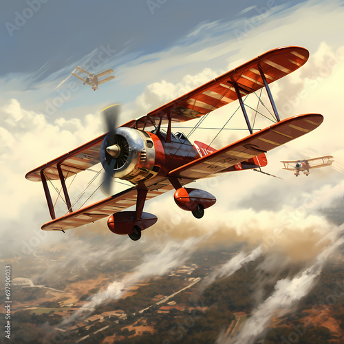 Vintage biplanes performing daring aerobatic maneuvers in a clear sky. © Cao