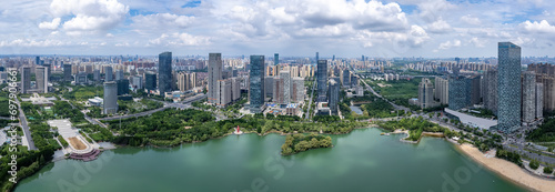 Aerial photography of streets by Swan Lake in Hefei..