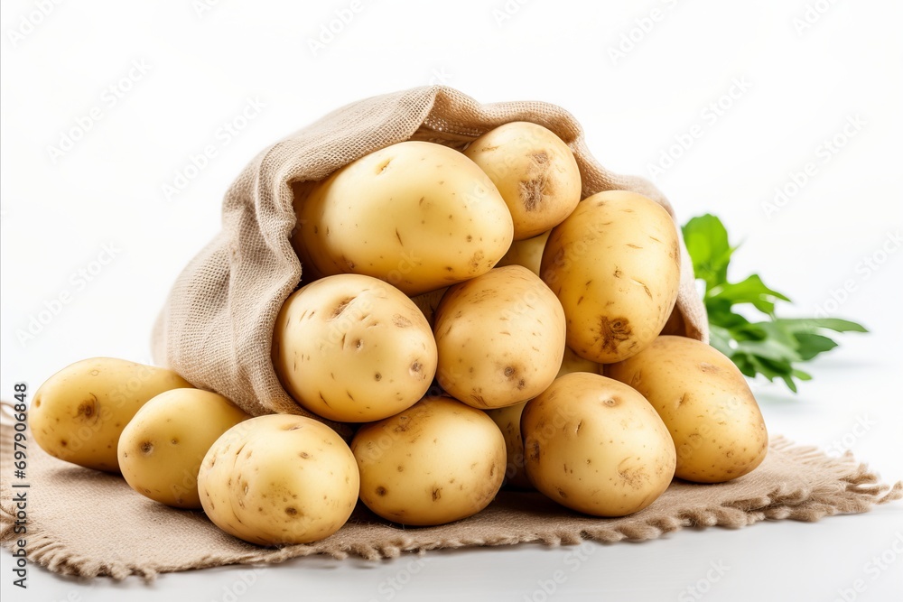 Freshly harvested potato tubers with soil isolated on white background. Potato tubers with burlap. Freshly harvested potato tubers with soil isolated on white background. Potato tubers with burlap.