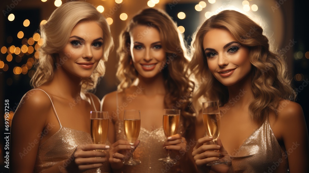 Three pretty women holding champagne glasses in the evening party. Generative AI. Three pretty women holding champagne glasses in the evening party. Generative AI.