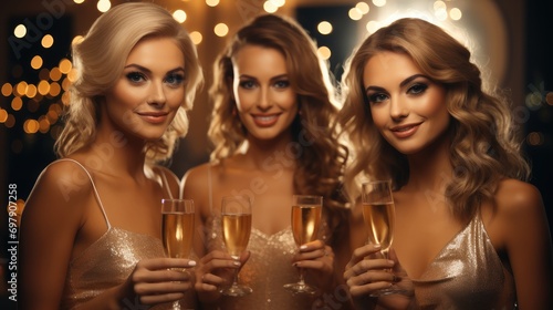 Three pretty women holding champagne glasses in the evening party. Generative AI.