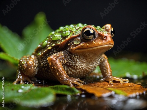 Close up macro photography image of a green and brown frog