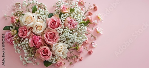 Artistic display of roses and gypsophila forming a heart shape on a pastel pink backdrop. © Postproduction