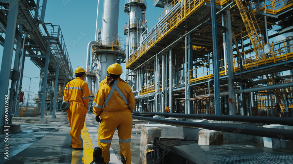 Engineer doing survey at oil and gas refinery plant wearing yellow coverall 