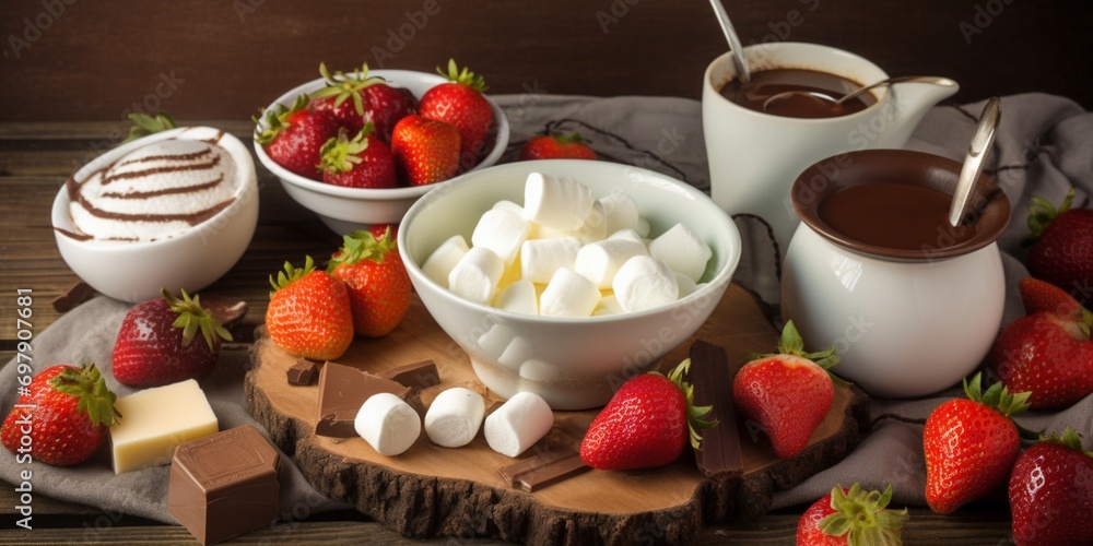 Chocolate fondue with strawberries and marshmallows Chocolate fondue with strawberries and marshmallows