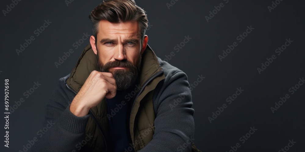 a bearded man sitting on a dark background with his chin on his hand, generative AI