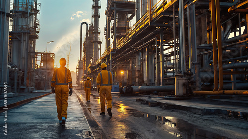 Engineer doing survey at oil and gas refinery plant wearing yellow coverall 