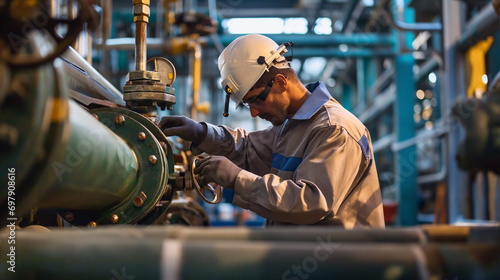 Engineer operator repairs valve equipment in plant industry 