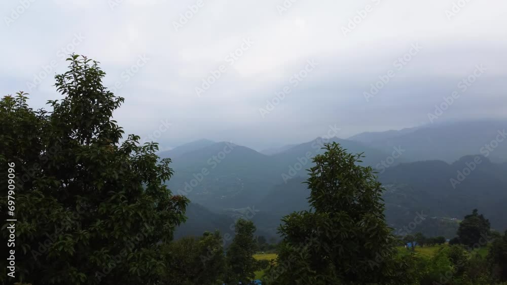 Aerial tracking forward revealing elevated Nepal village landscape Aerial tracking forward revealing elevated Nepal village landscape