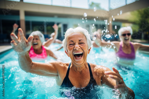 happy smiling senior women in swimming pool