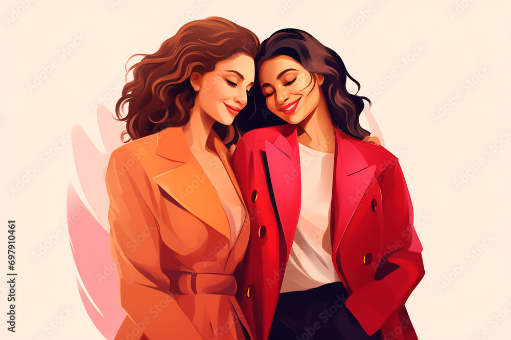 Illustration of a perfect couple. Woman and woman, stylish and strong. Life partners. A successful couple. Valentine's Day. Lesbian couple