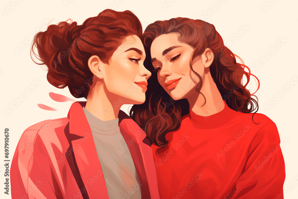 Illustration of a perfect couple. Woman and woman, stylish and strong. Life partners. A successful couple. Valentine's Day. Lesbian couple