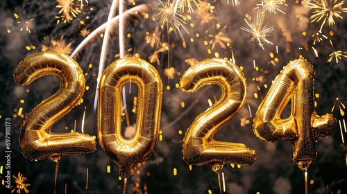 foil gold balloon spelling "2024" fireworks, dark background 