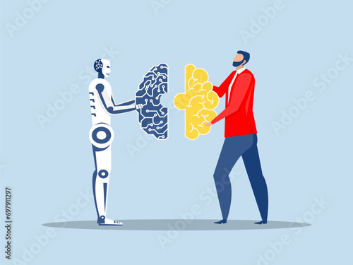 Partnership contact,Businessman matching cyborg idea or artificial intelligence technology futuristic, AI, with brain Machine future cooperation vector illustrator