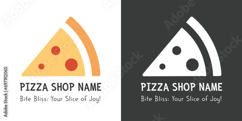 Simple Pizza Logo Vector Design: Colored, Flat Slice with Brand Name and Tagline. Inverted Silhouette White Logo on Black Background. Pizza Icon Vector Illustration for Your Branding Needs