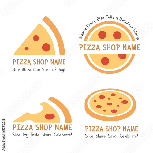 Diverse Pizza Logo Set: 4 Designs with Brand, Tagline, Whole, Slice, Isometric Style. Versatile Vector Art for Unique Pizza Branding. Clipart and Illustration Compilation for Maximum Visual Impact