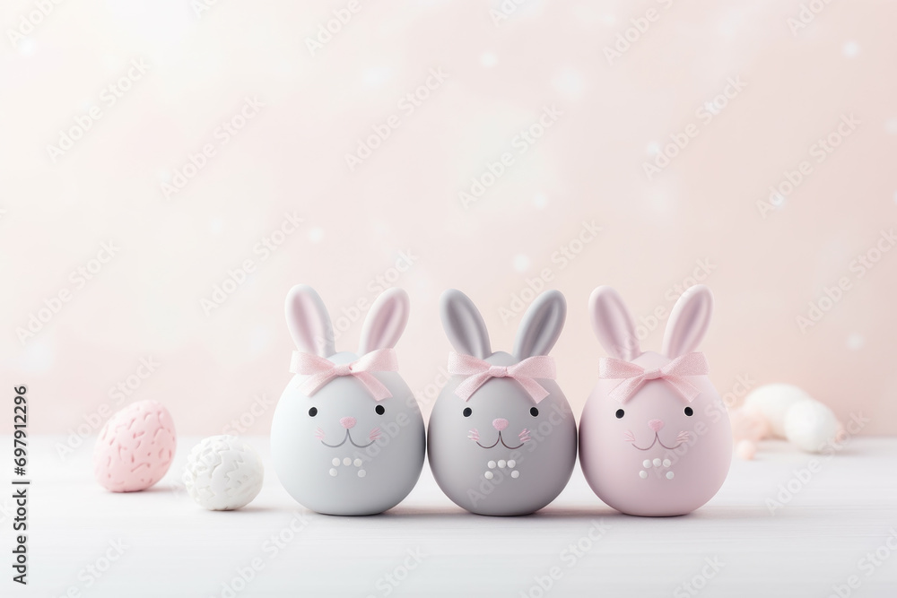 Trio of Easter Bunny Eggs with Ribbon Bows on Pink Background Trio of Easter Bunny Eggs with Ribbon Bows on Pink Background