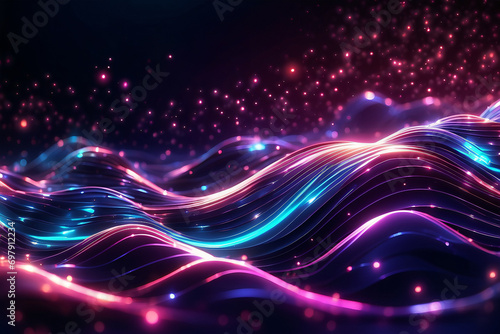 Abstract futuristic background with pink blue glowing neon moving high-speed wave lines and bokeh
