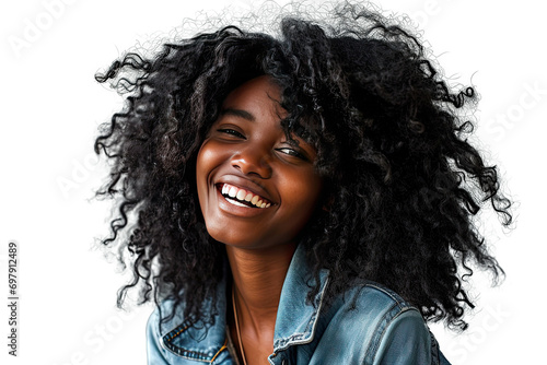 Studio portrait of a beautiful African American woman with clean healthy skin and long shaggy hairstyle smiling and cheerful isolated on transparent png background. photo