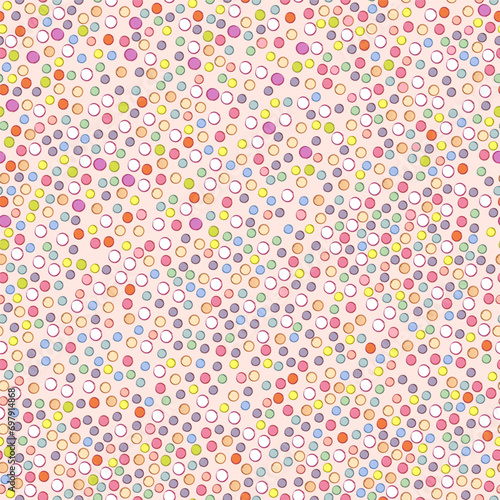 Seamless pattern with hand drawn colorful circle on pink background. Sketch doodle dots. Wallpaper, textile, wrapping paper abstract simple design template. Vector illustration