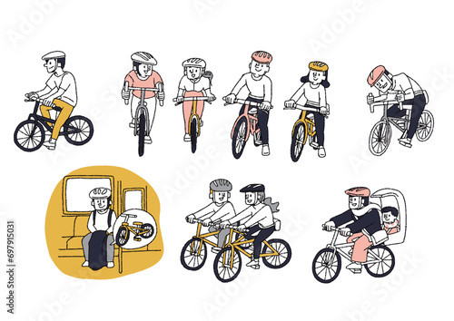 趣味で自転車を楽しむ人々のセ手書きイラストセット