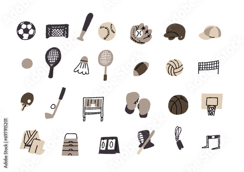 スポーツ用品の手書きイラストアイコンセット
