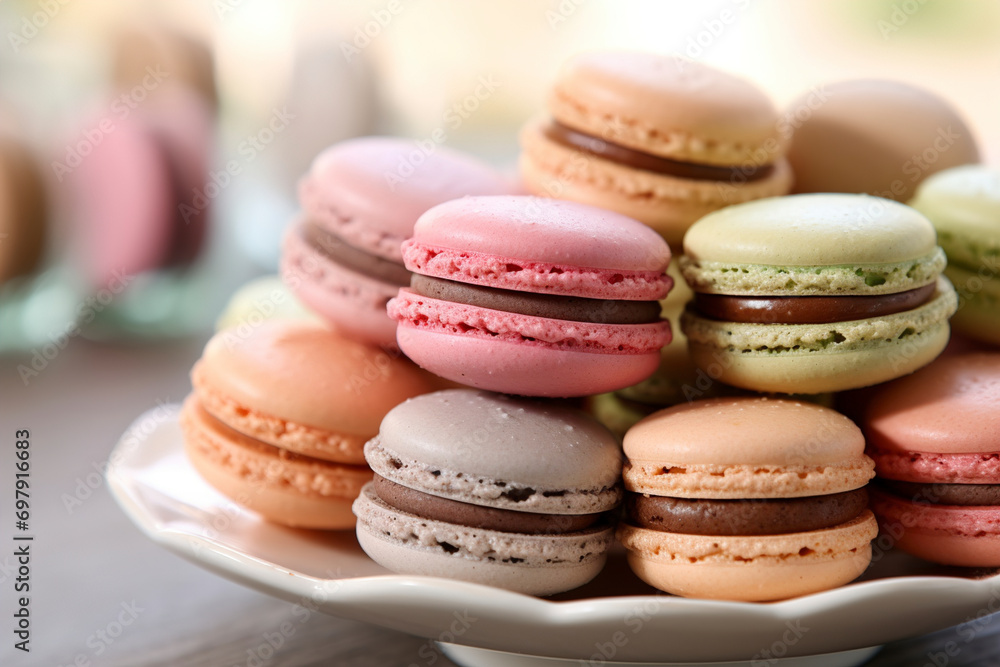 A close-up view of colourful macarons served on a plate. (Generative AI) A close-up view of colourful macarons served on a plate. (Generative AI)