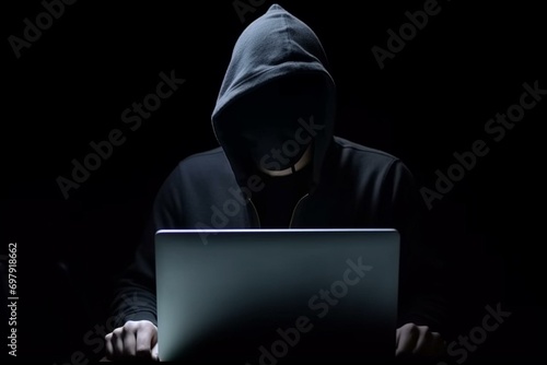 Hacker in a hood with a hidden face looks at the laptop screen. Hacking and malware concept. Generative AI