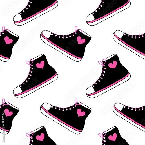 Seamless pattern with emo element. Y2k style. Sneakers boot with hearts. Black and pink. Vector flat illustration.