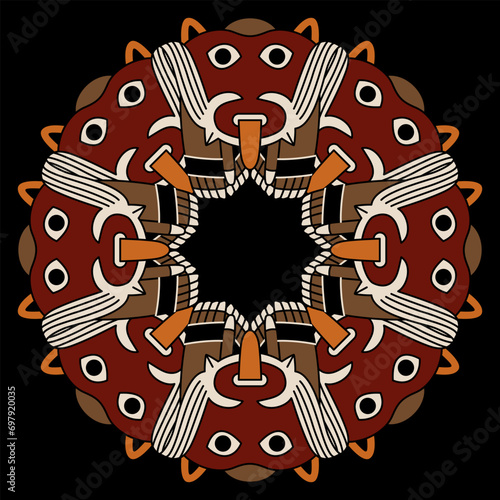 Round ethnic ornament or frame with tribal motifs. Fantastic animals from ancient Peru. Native American Andean art of Nazca Indians. On black background.