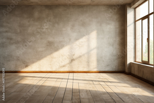 Empty room interior with concrete walls  wooden floor with light and soft skylight from window. Background with copy-space. Generative ai.