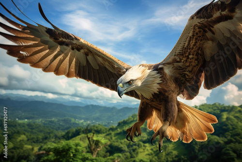 A Philippine Eagle soaring in the sky, showcasing its impressive wingspan and regal presence photo